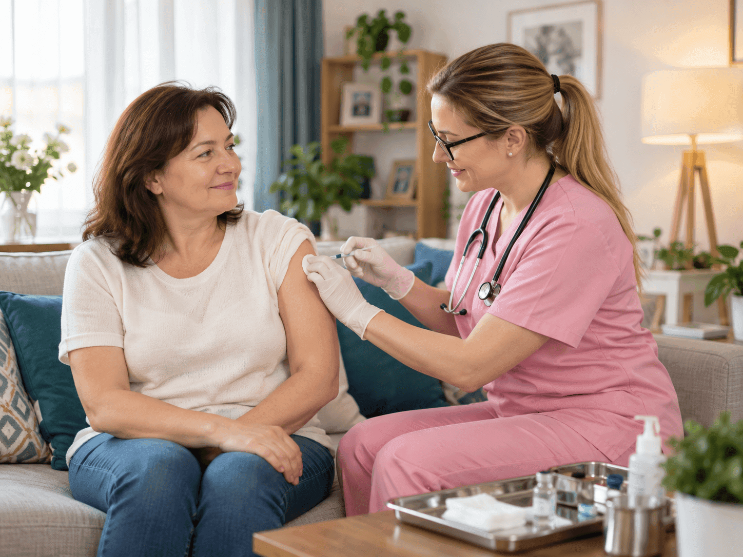 Injecții la domiciliu în Galați | AsMedSocial Asistentă medicală administrând o injecție unei paciente la domiciliu în Galați