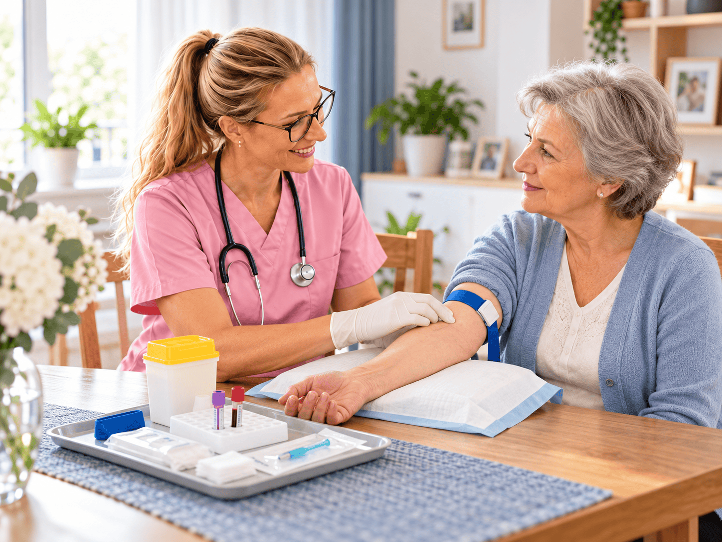 Recoltare analize la domiciliu în Galați | AsMedSocial Asistentă medicală recoltând sânge unei paciente la domiciliu în Galați